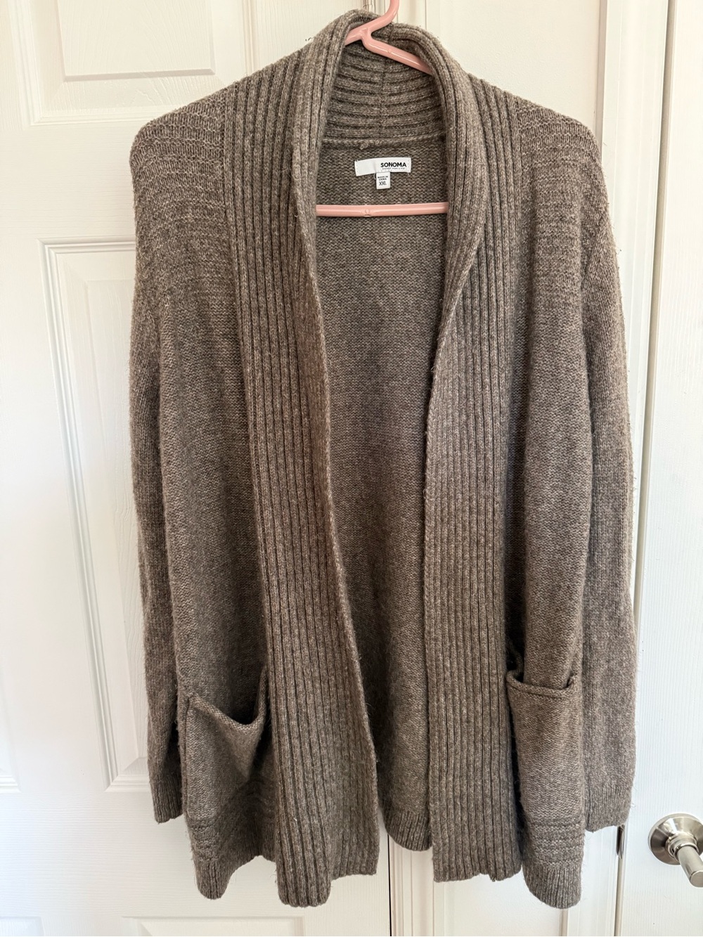Sonoma Taupe Open-Front Ribbed Shawl Collar Cardigan